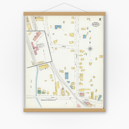 Old map wall art mockup — magnetic wood frame on white wall — Sanborn Fire Insurance Map from Monroe, Orange County, New York (1904), Sheet #0002