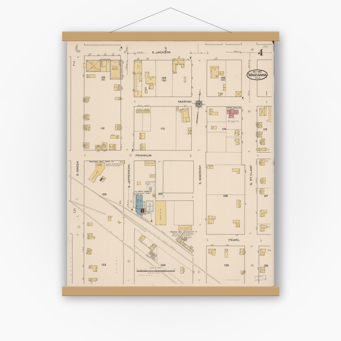 Old map wall art mockup — magnetic wood frame on white wall — Sanborn Fire Insurance Map from Marianna, Jackson County, Florida (1922), Sheet #0004