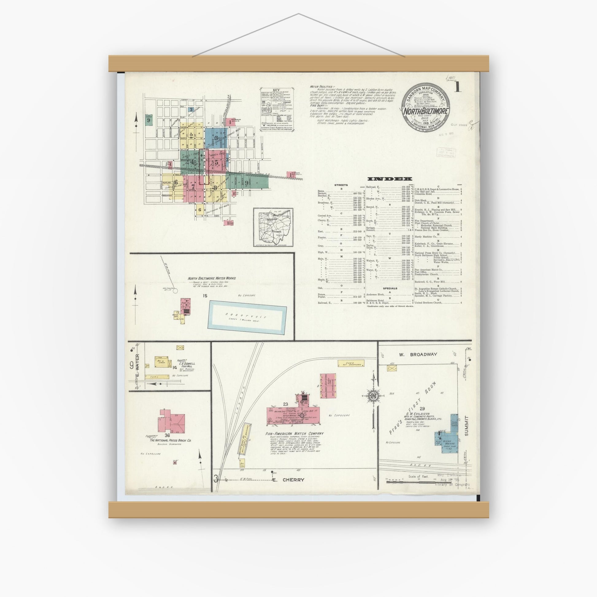 Old map wall art mockup — magnetic wood frame on white wall — Sanborn Fire Insurance Map from North Baltimore, Wood County, Ohio (1913) - Complete Map Set