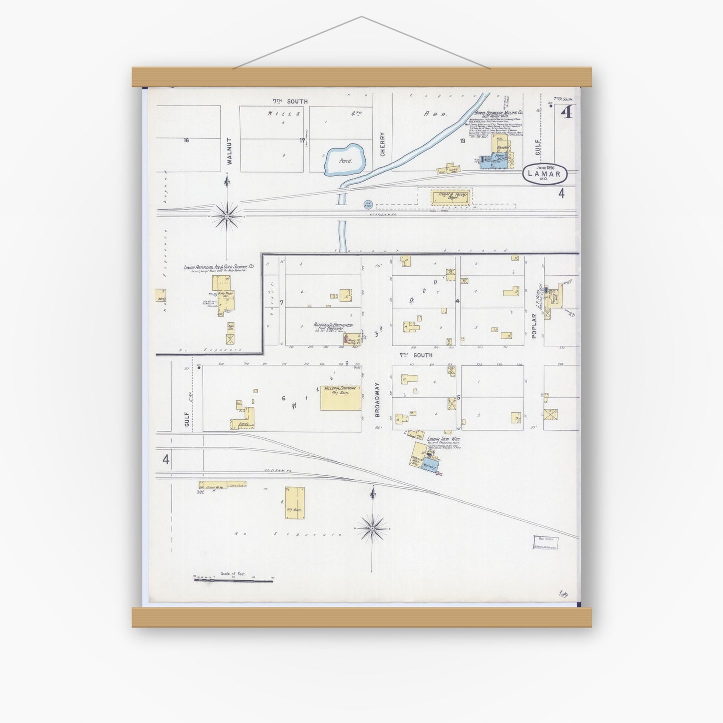 Old map wall art mockup — magnetic wood frame on white wall — Sanborn Fire Insurance Map from Lamar, Barton County, Missouri (1896), Sheet #0004