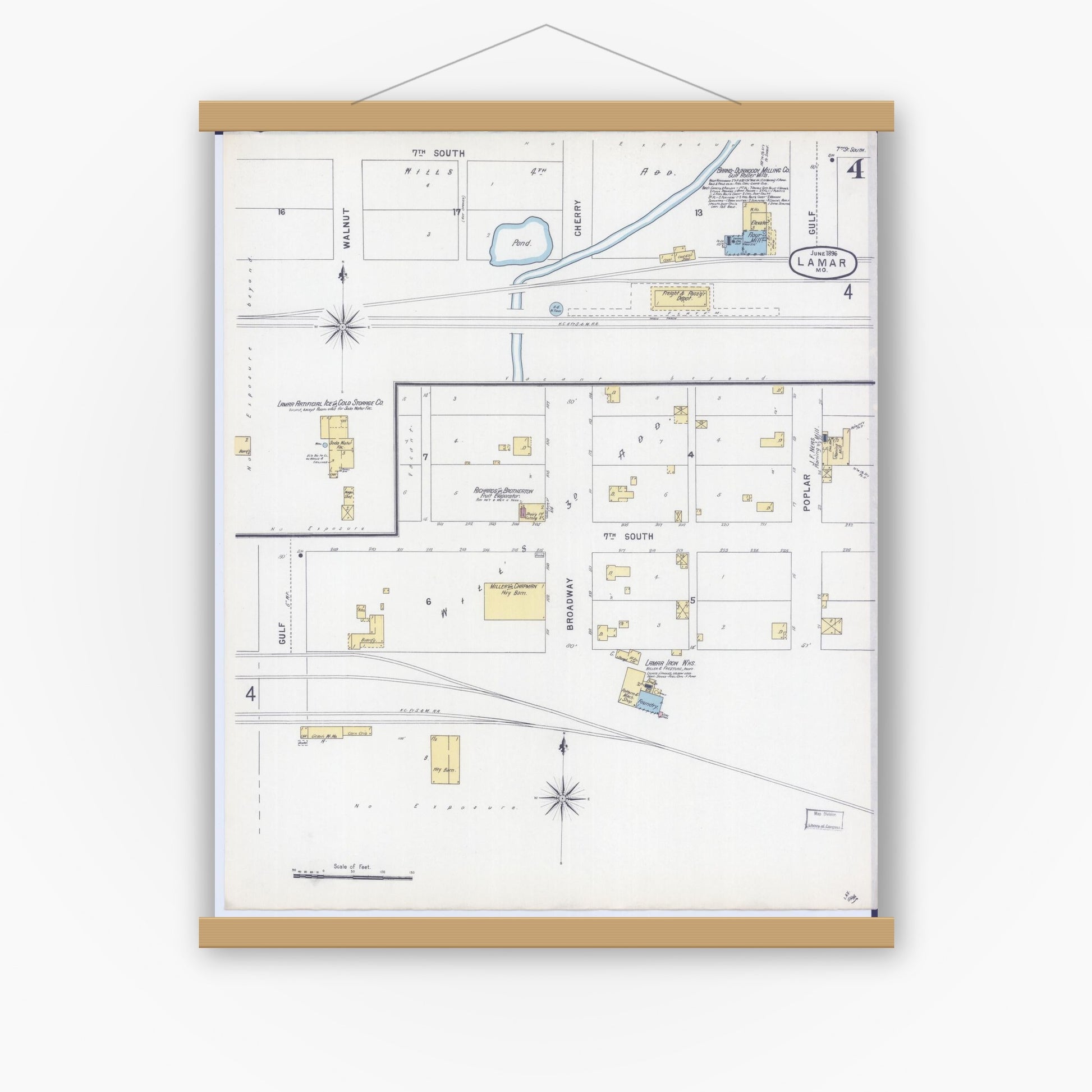 Old map wall art mockup — magnetic wood frame on white wall — Sanborn Fire Insurance Map from Lamar, Barton County, Missouri (1896), Sheet #0004