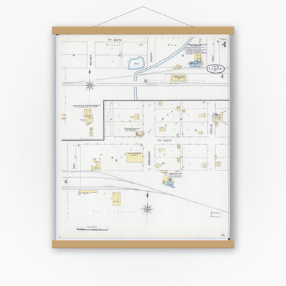 Old map wall art mockup — magnetic wood frame on white wall — Sanborn Fire Insurance Map from Lamar, Barton County, Missouri (1896), Sheet #0004