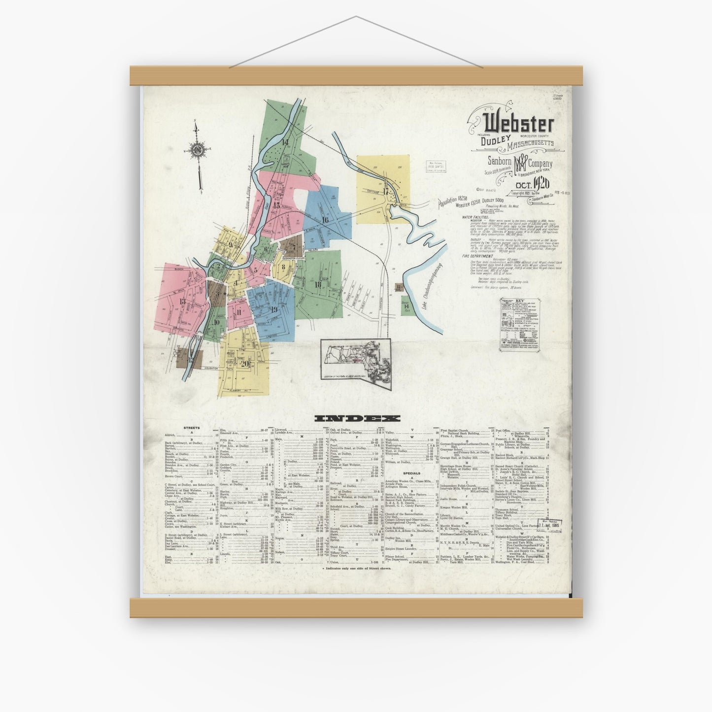 Old map wall art mockup — magnetic wood frame on white wall — Sanborn Fire Insurance Map from Webster, Worcester County, Massachusetts (1920), Sheet #0001