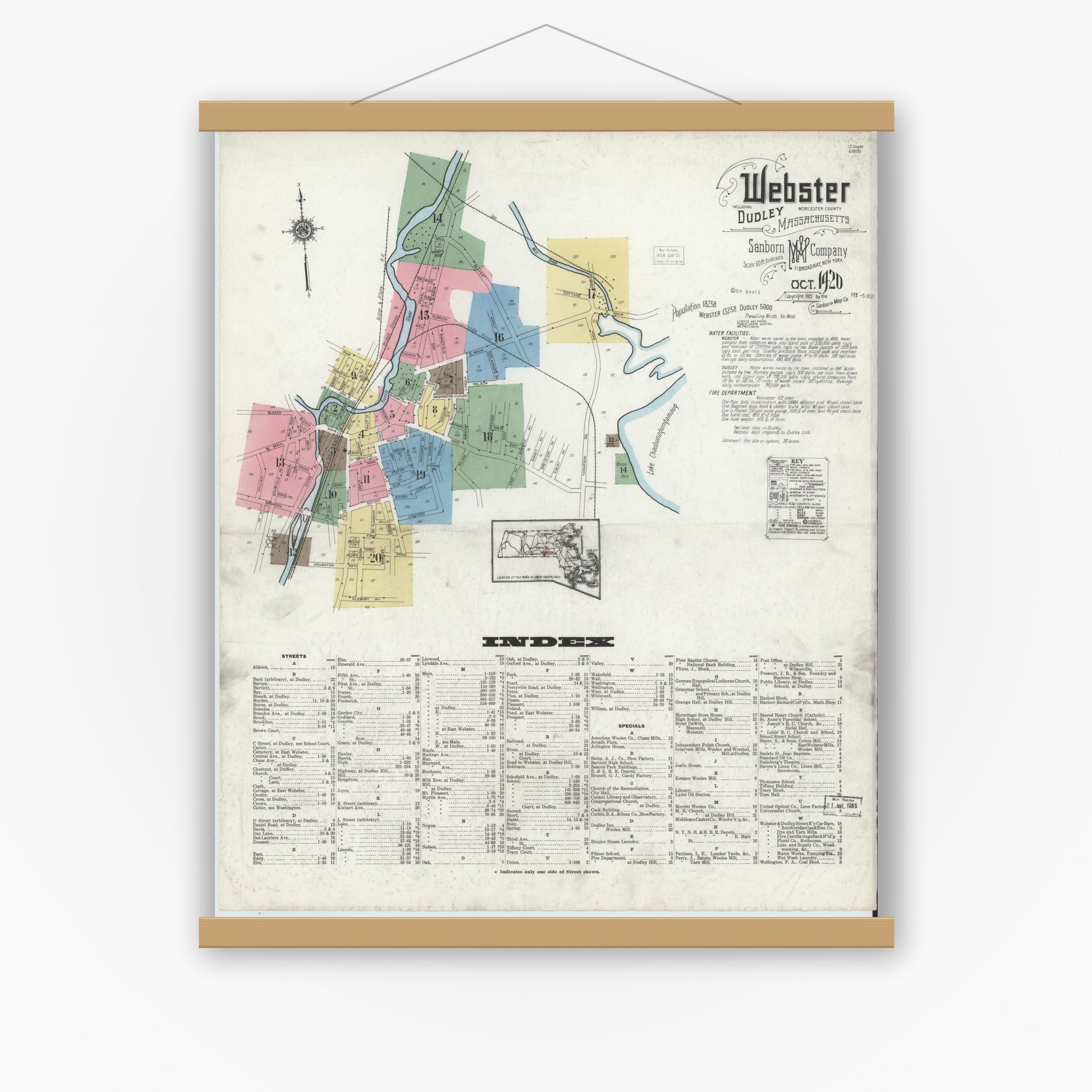 Old map wall art mockup — magnetic wood frame on white wall — Sanborn Fire Insurance Map from Webster, Worcester County, Massachusetts (1920), Sheet #0001