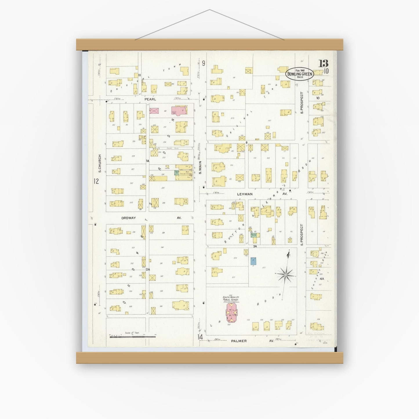 Old map wall art mockup — magnetic wood frame on white wall — Sanborn Fire Insurance Map from Bowling Green, Wood County, Ohio (1908), Sheet #0013