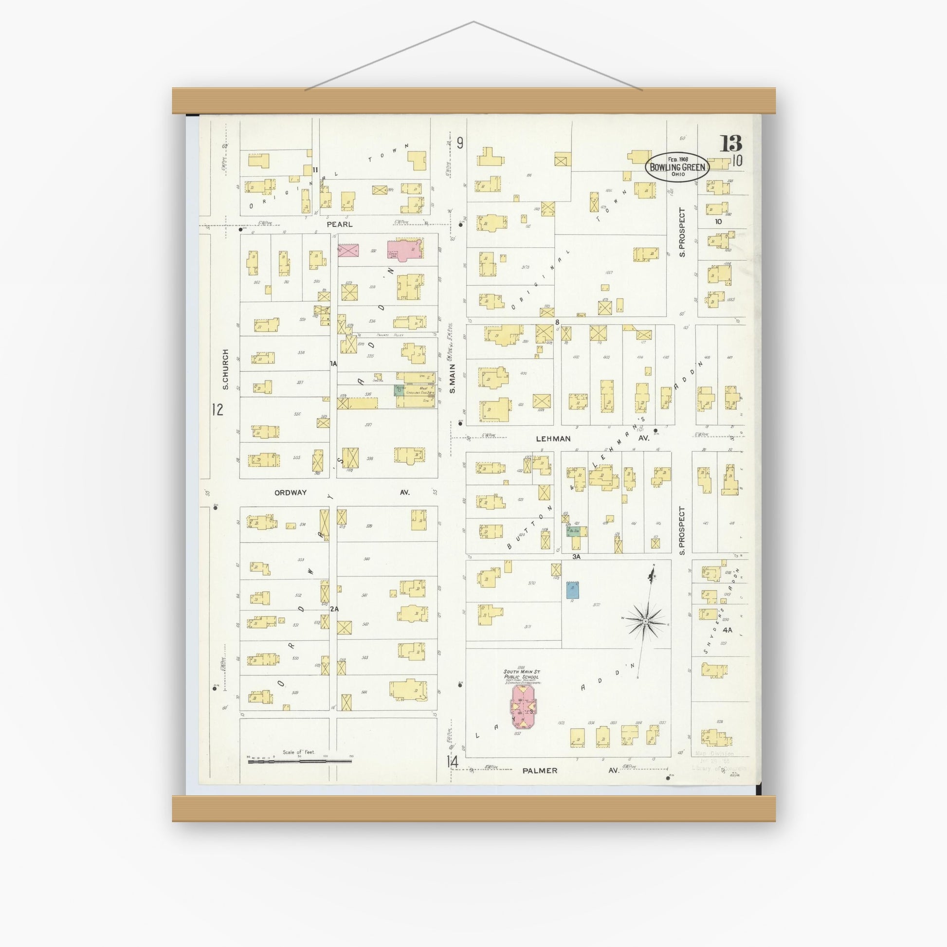 Old map wall art mockup — magnetic wood frame on white wall — Sanborn Fire Insurance Map from Bowling Green, Wood County, Ohio (1908), Sheet #0013