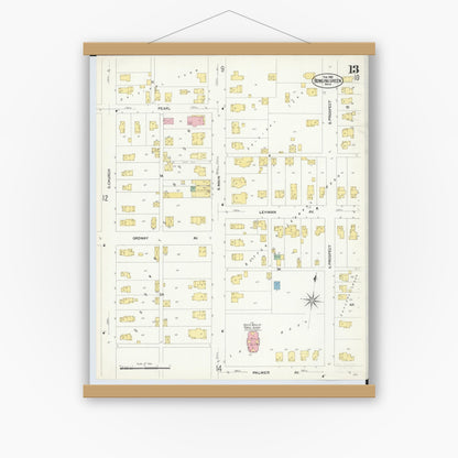 Old map wall art mockup — magnetic wood frame on white wall — Sanborn Fire Insurance Map from Bowling Green, Wood County, Ohio (1908), Sheet #0013