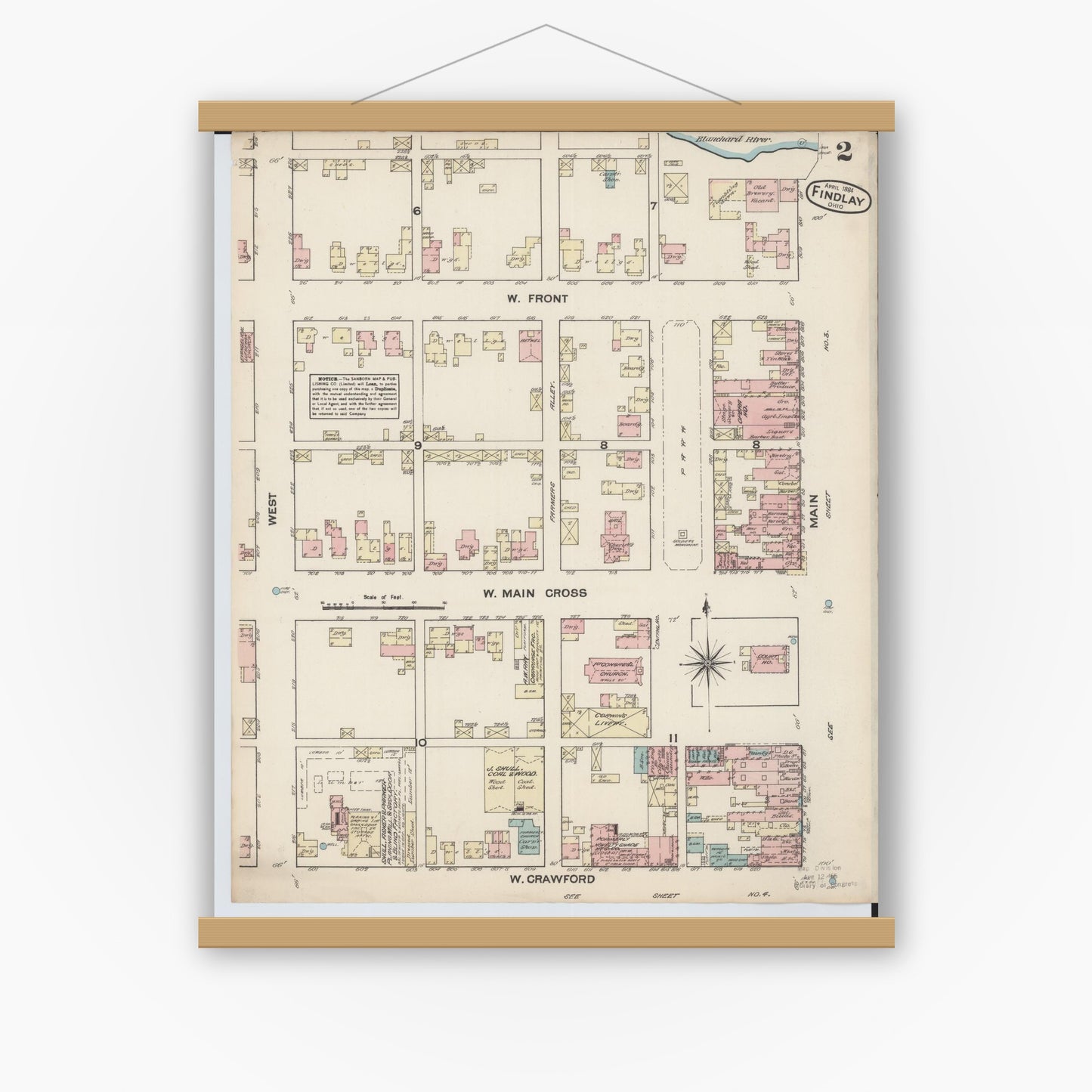 Old map wall art mockup — magnetic wood frame on white wall — Sanborn Fire Insurance Map from Findlay, Hancock County, Ohio (1884), Sheet #0002