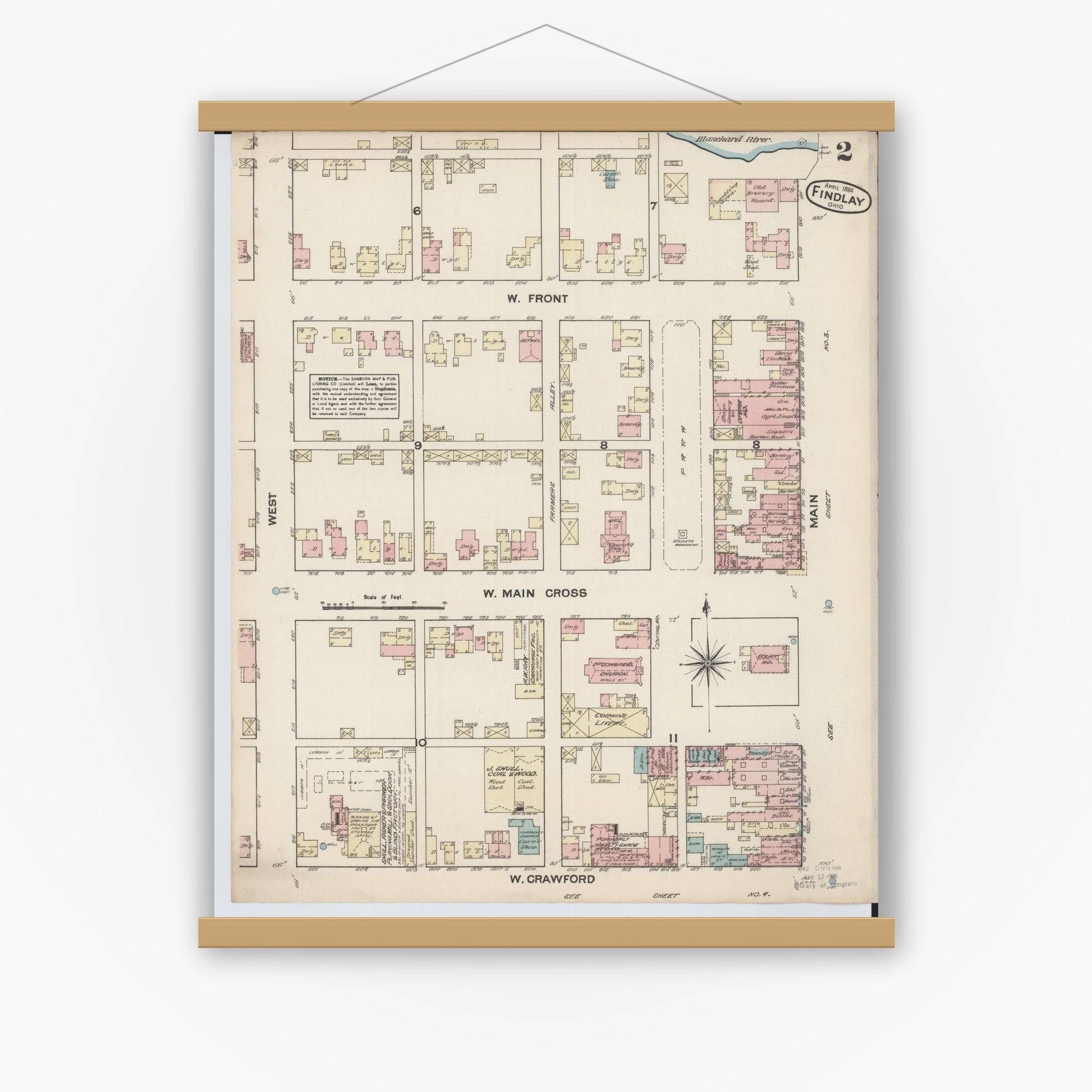Old map wall art mockup — magnetic wood frame on white wall — Sanborn Fire Insurance Map from Findlay, Hancock County, Ohio (1884), Sheet #0002