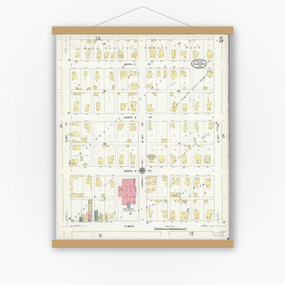 Old map wall art mockup — magnetic wood frame on white wall — Sanborn Fire Insurance Map from Elwood, Madison County, Indiana (1910), Sheet #0005