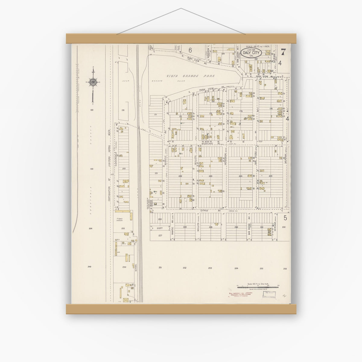 Old map wall art mockup — magnetic wood frame on white wall — Sanborn Fire Insurance Map from Daly City, San Mateo County, California (1918), Sheet #0007