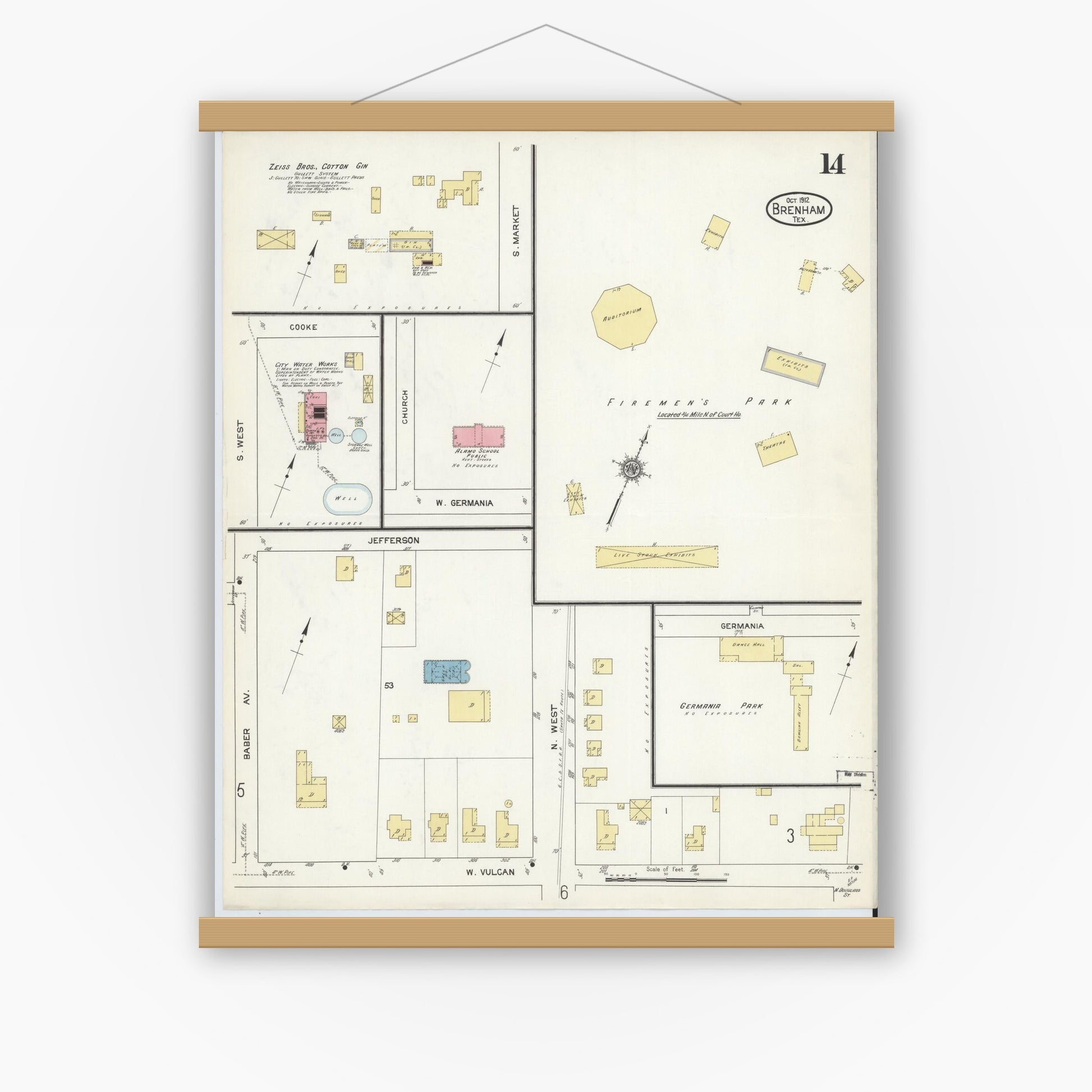 Old map wall art mockup — magnetic wood frame on white wall — Sanborn Fire Insurance Map from Brenham, Washington County, Texas (1912), Sheet #0014