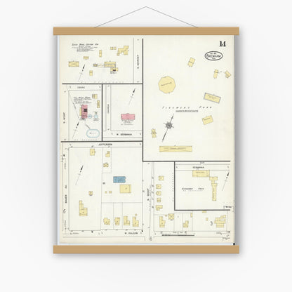 Old map wall art mockup — magnetic wood frame on white wall — Sanborn Fire Insurance Map from Brenham, Washington County, Texas (1912), Sheet #0014