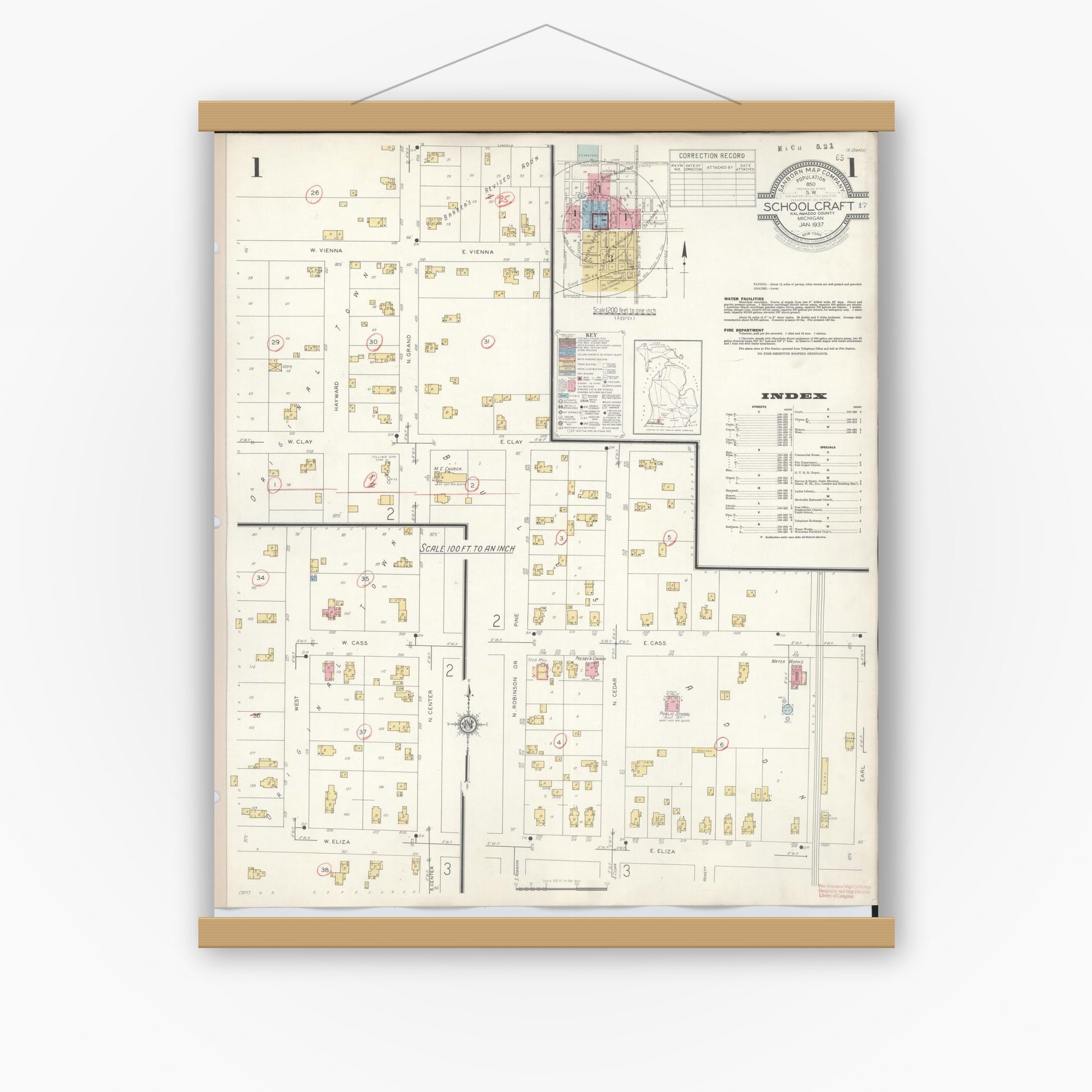 Old map wall art mockup — magnetic wood frame on white wall — Sanborn Fire Insurance Map from Schoolcraft, Kalamazoo County, Michigan (1937), Sheet #0001