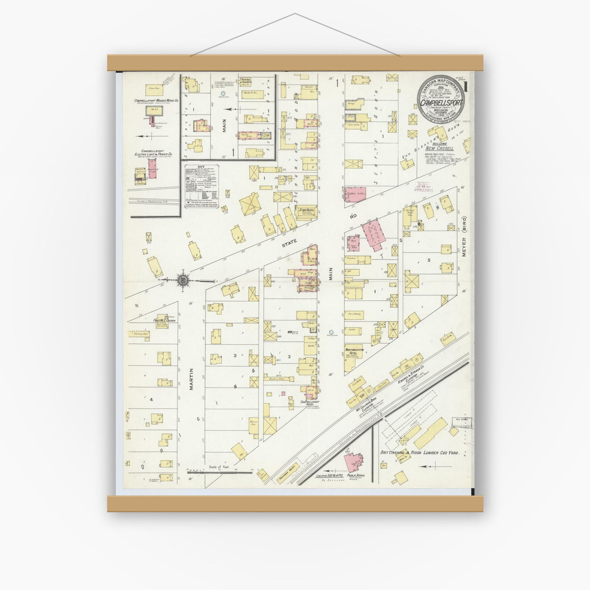 Old map wall art mockup — magnetic wood frame on white wall — Sanborn Fire Insurance Map from Campbellsport, Fond du Lac County, Wisconsin (1910), Sheet #0001