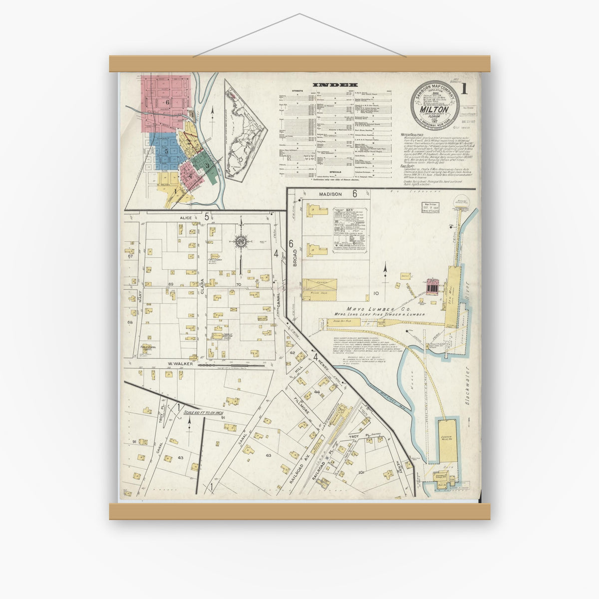 Old map wall art mockup — magnetic wood frame on white wall — Sanborn Fire Insurance Map from Milton, Santa Rosa County, Florida (1917) - Complete Map Set
