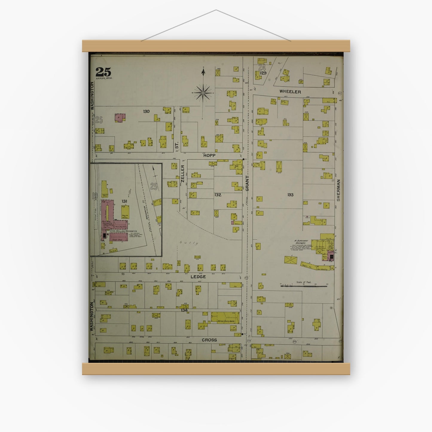 Old map wall art mockup — magnetic wood frame on white wall — Sanborn Fire Insurance Map from Akron, Summit County, Ohio (1892), Sheet #0025