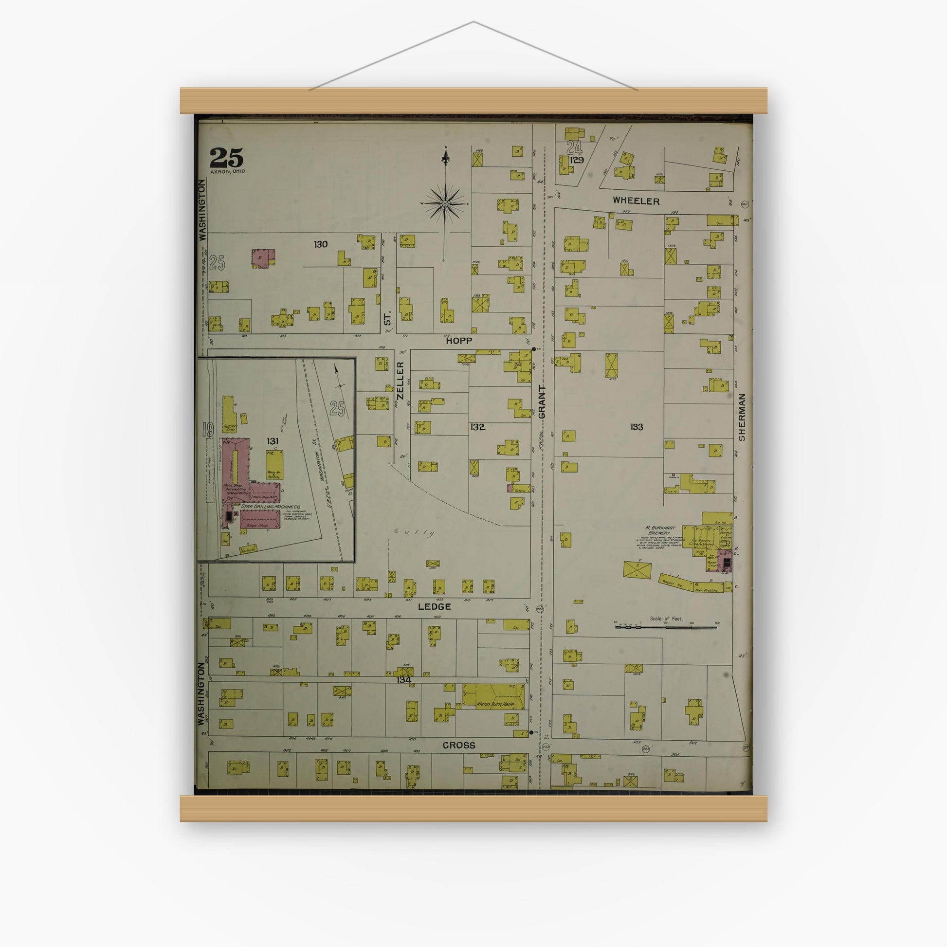 Old map wall art mockup — magnetic wood frame on white wall — Sanborn Fire Insurance Map from Akron, Summit County, Ohio (1892), Sheet #0025