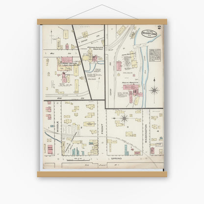 Old map wall art mockup — magnetic wood frame on white wall — Sanborn Fire Insurance Map from Beaver Dam, Dodge County, Wisconsin (1885) - Complete Map Set