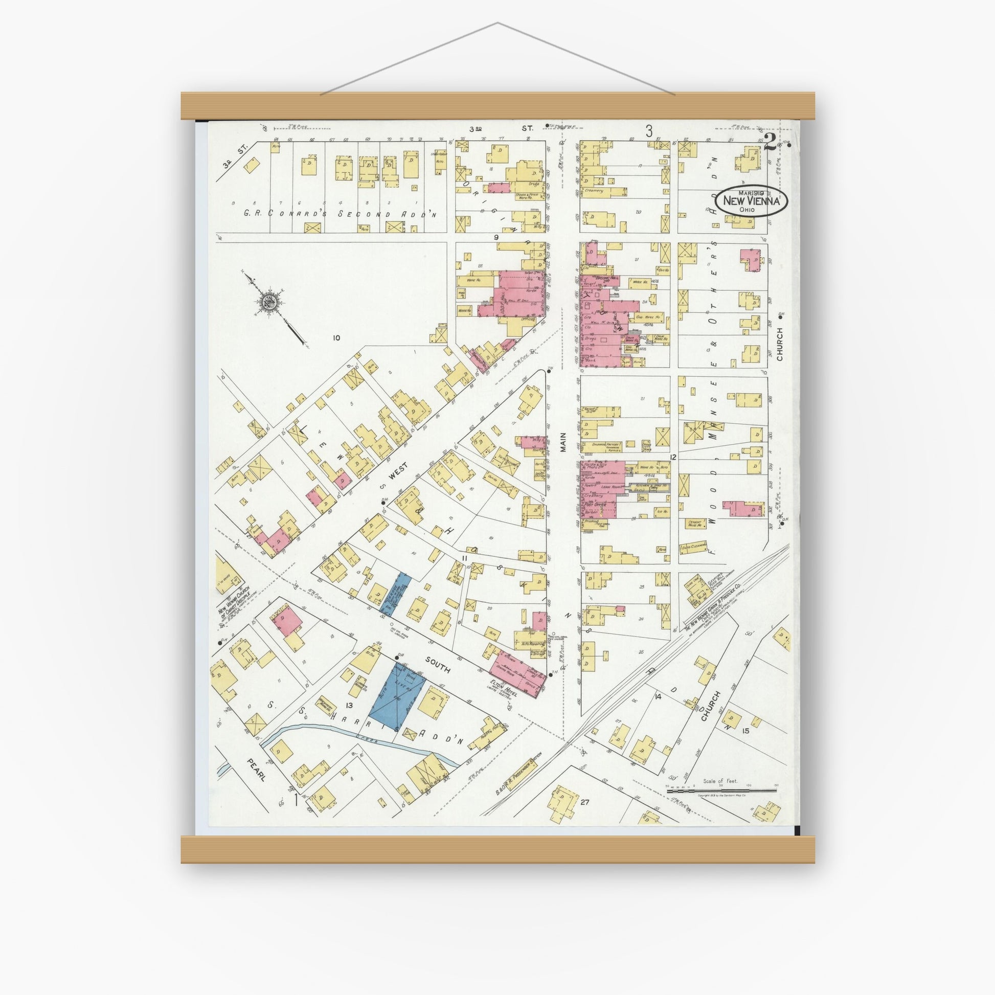Old map wall art mockup — magnetic wood frame on white wall — Sanborn Fire Insurance Map from New Vienna, Clinton County, Ohio (1919), Sheet #0002