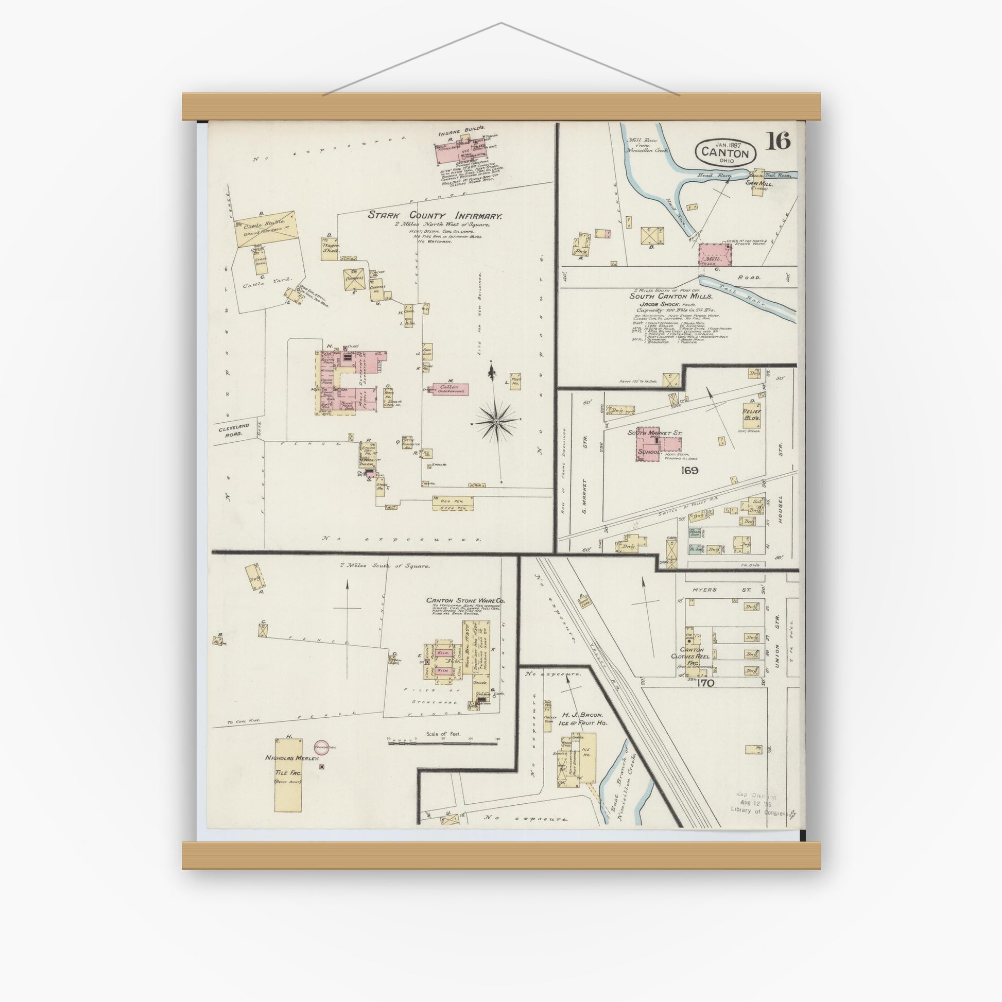 Old map wall art mockup — magnetic wood frame on white wall — Sanborn Fire Insurance Map from Canton, Stark County, Ohio (1887), Sheet #0016
