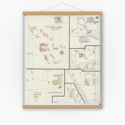 Old map wall art mockup — magnetic wood frame on white wall — Sanborn Fire Insurance Map from Canton, Stark County, Ohio (1887), Sheet #0016