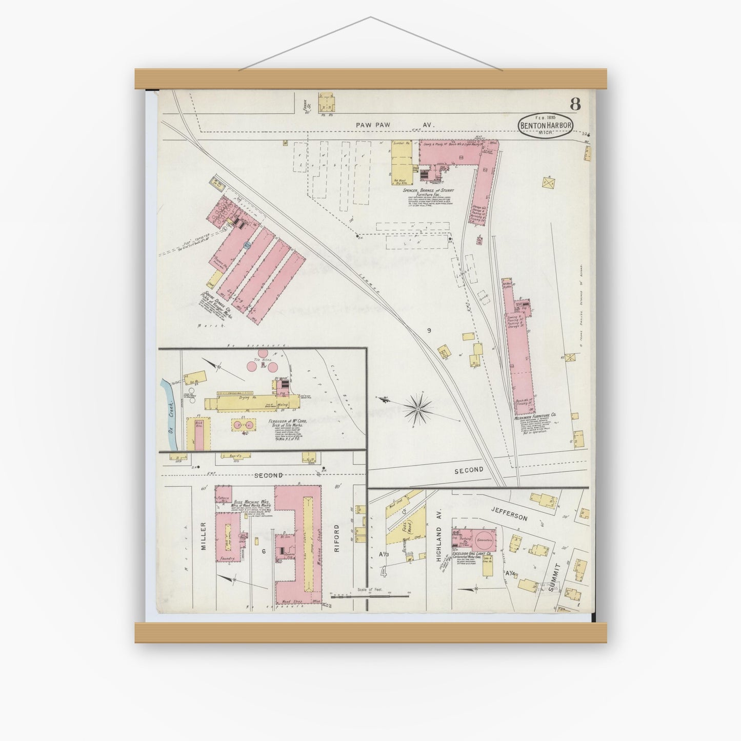 Old map wall art mockup — magnetic wood frame on white wall — Sanborn Fire Insurance Map from Benton Harbor, Berrien County, Michigan (1895), Sheet #0008