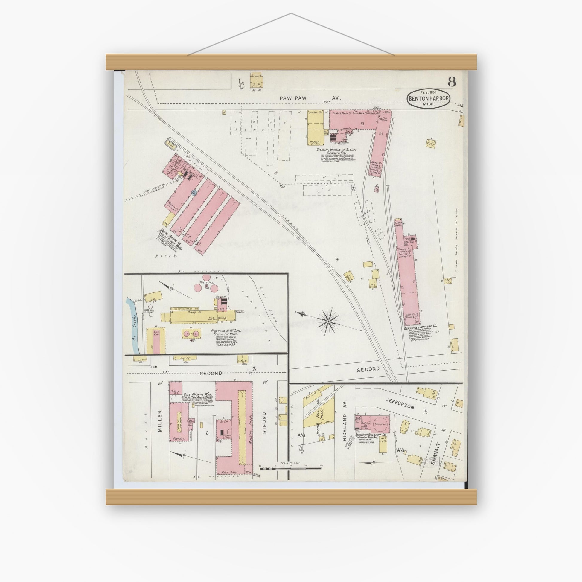 Old map wall art mockup — magnetic wood frame on white wall — Sanborn Fire Insurance Map from Benton Harbor, Berrien County, Michigan (1895), Sheet #0008