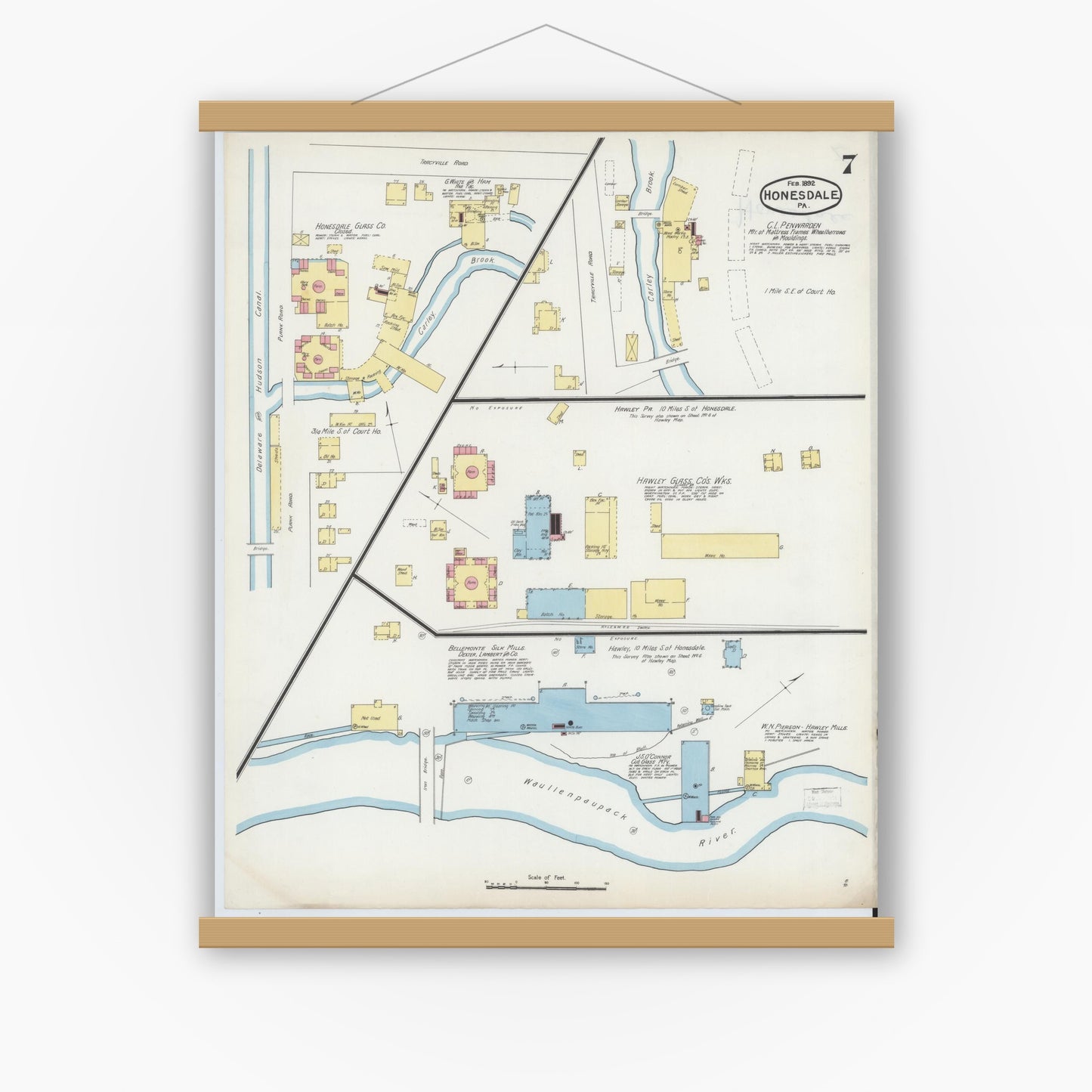 Old map wall art mockup — magnetic wood frame on white wall — Sanborn Fire Insurance Map from Honesdale, Wayne County, Pennsylvania (1892), Sheet #0007