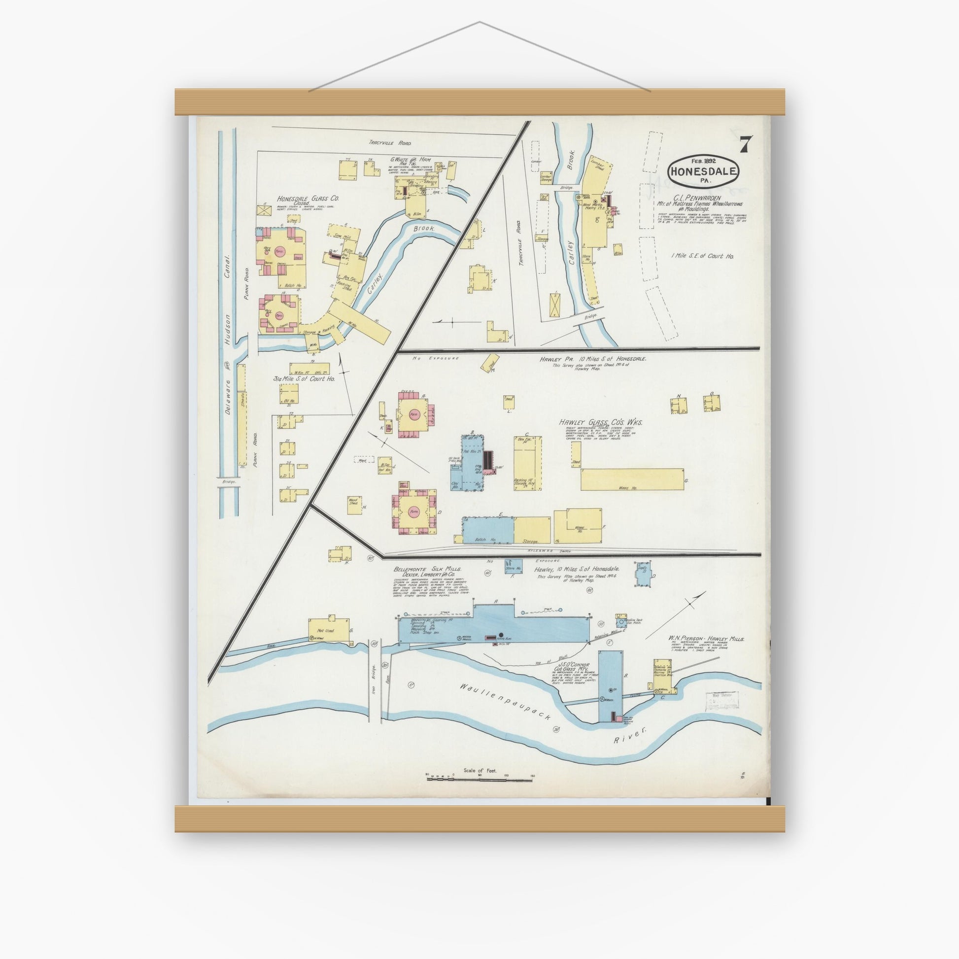Old map wall art mockup — magnetic wood frame on white wall — Sanborn Fire Insurance Map from Honesdale, Wayne County, Pennsylvania (1892), Sheet #0007