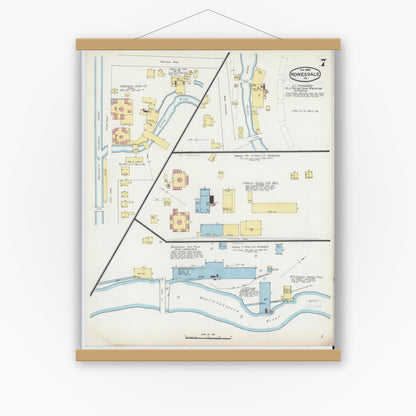 Old map wall art mockup — magnetic wood frame on white wall — Sanborn Fire Insurance Map from Honesdale, Wayne County, Pennsylvania (1892), Sheet #0007