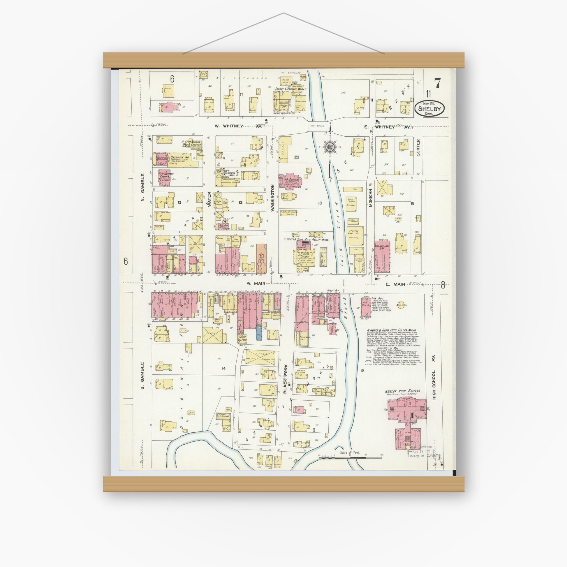 Old map wall art mockup — magnetic wood frame on white wall — Sanborn Fire Insurance Map from Shelby, Richland County, Ohio (1911), Sheet #0007