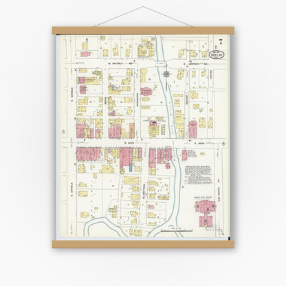 Old map wall art mockup — magnetic wood frame on white wall — Sanborn Fire Insurance Map from Shelby, Richland County, Ohio (1911), Sheet #0007