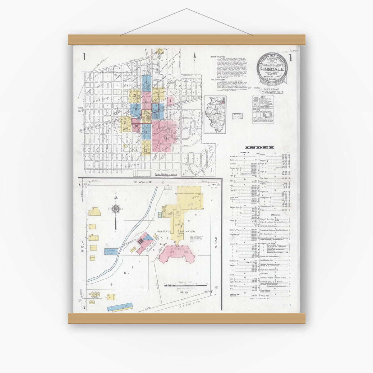 Old map wall art mockup — magnetic wood frame on white wall — Sanborn Fire Insurance Map from Hinsdale, Du Page And Cook Counties, Illinois (1927) - Complete Map Set