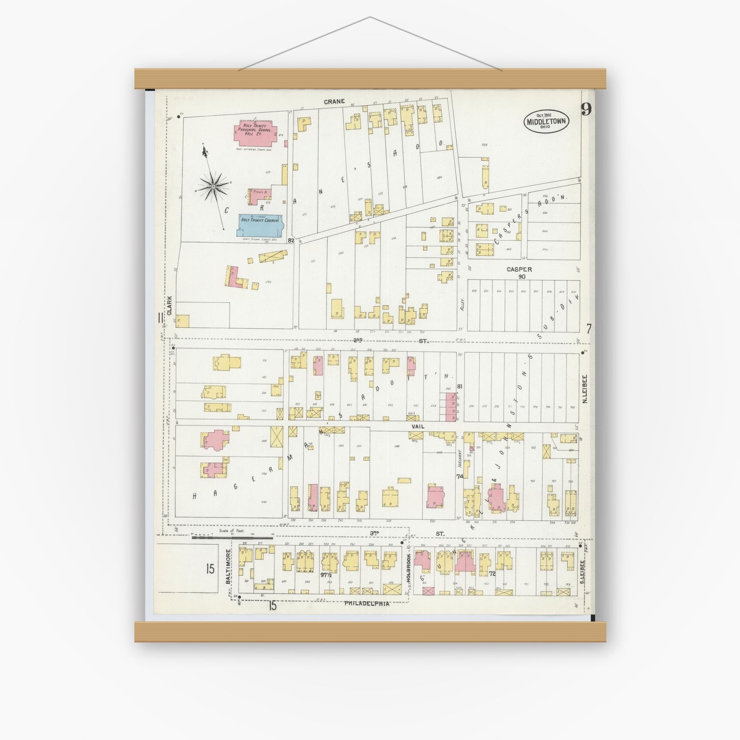 Old map wall art mockup — magnetic wood frame on white wall — Sanborn Fire Insurance Map from Middletown, Butler County, Ohio (1901), Sheet #0009