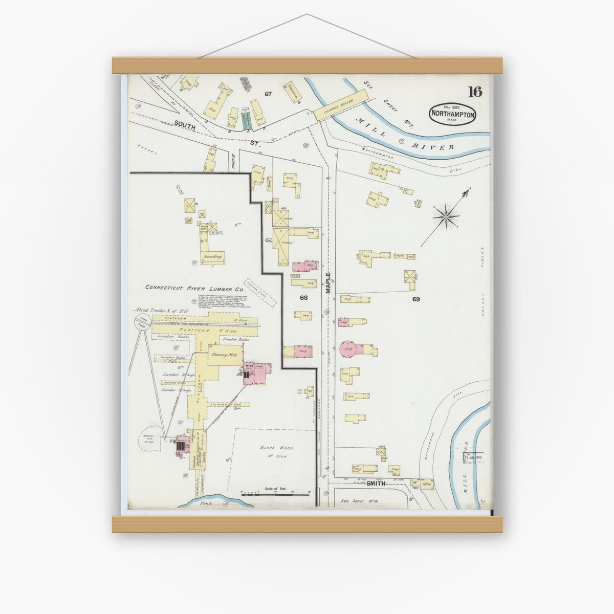 Old map wall art mockup — magnetic wood frame on white wall — Sanborn Fire Insurance Map from Northampton, Hampshire County, Massachusetts (1889), Sheet #0016