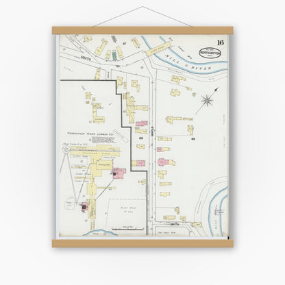 Old map wall art mockup — magnetic wood frame on white wall — Sanborn Fire Insurance Map from Northampton, Hampshire County, Massachusetts (1889), Sheet #0016