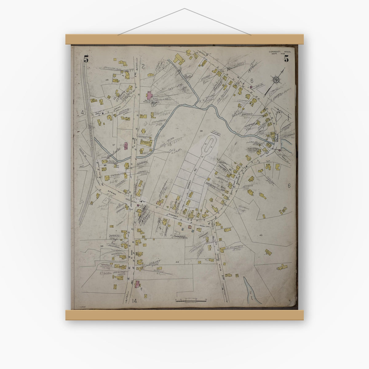 Old map wall art mockup — magnetic wood frame on white wall — Sanborn Fire Insurance Map from Cohasset, Norfolk County, Massachusetts (1952), Sheet #0005