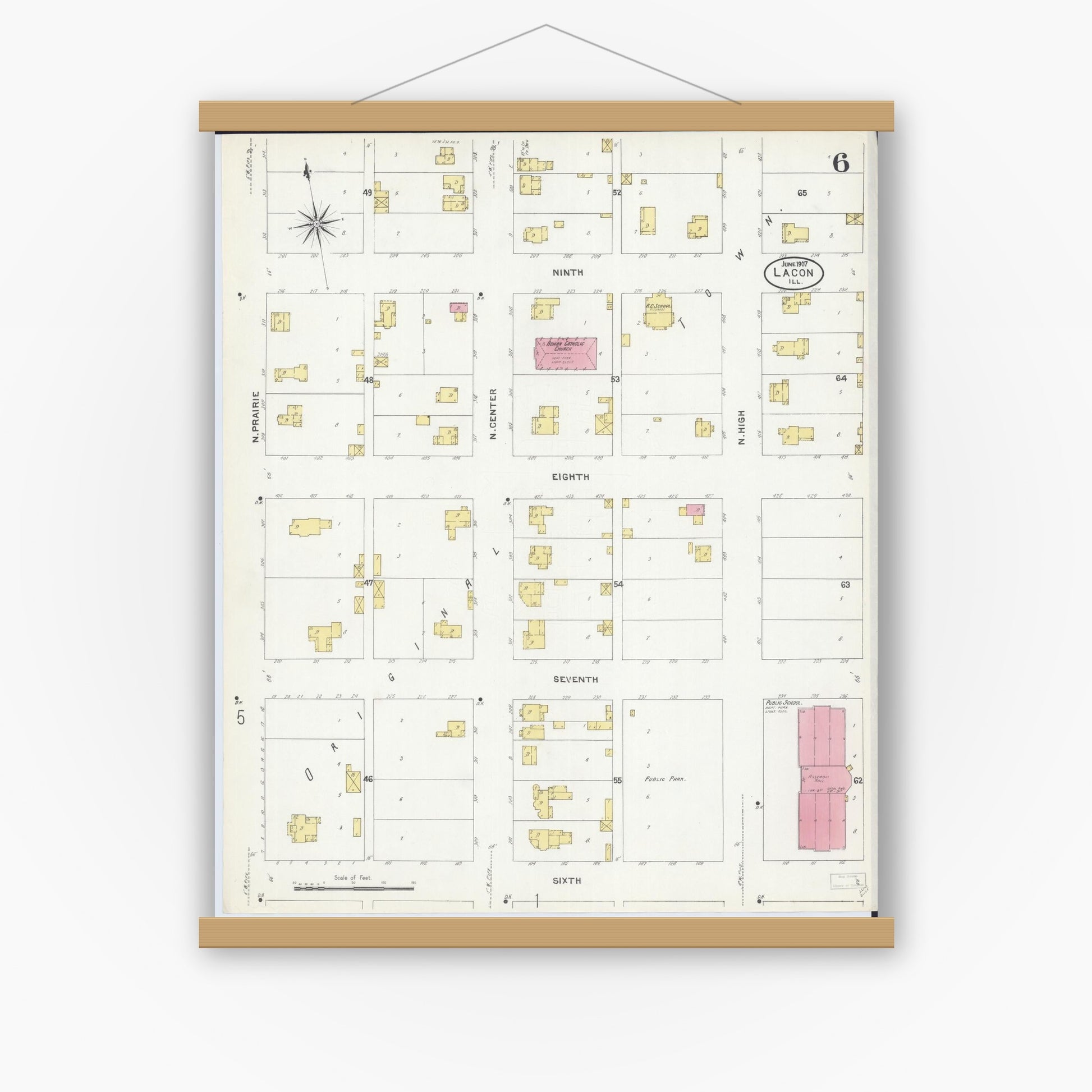 Old map wall art mockup — magnetic wood frame on white wall — Sanborn Fire Insurance Map from Lacon, Marshall County, Illinois (1907), Sheet #0006