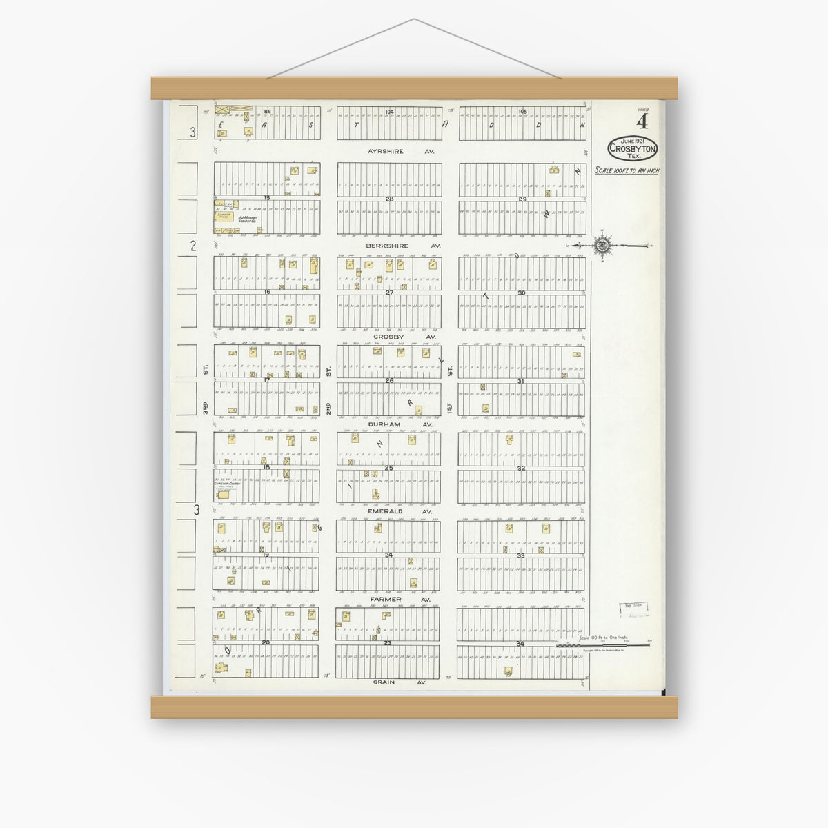 Old map wall art mockup — magnetic wood frame on white wall — Sanborn Fire Insurance Map from Crosbyton, Crosby County, Texas (1921), Sheet #0004