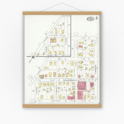Old map wall art mockup — magnetic wood frame on white wall — Sanborn Fire Insurance Map from Bicknell, Knox County, Indiana (1921), Sheet #0005