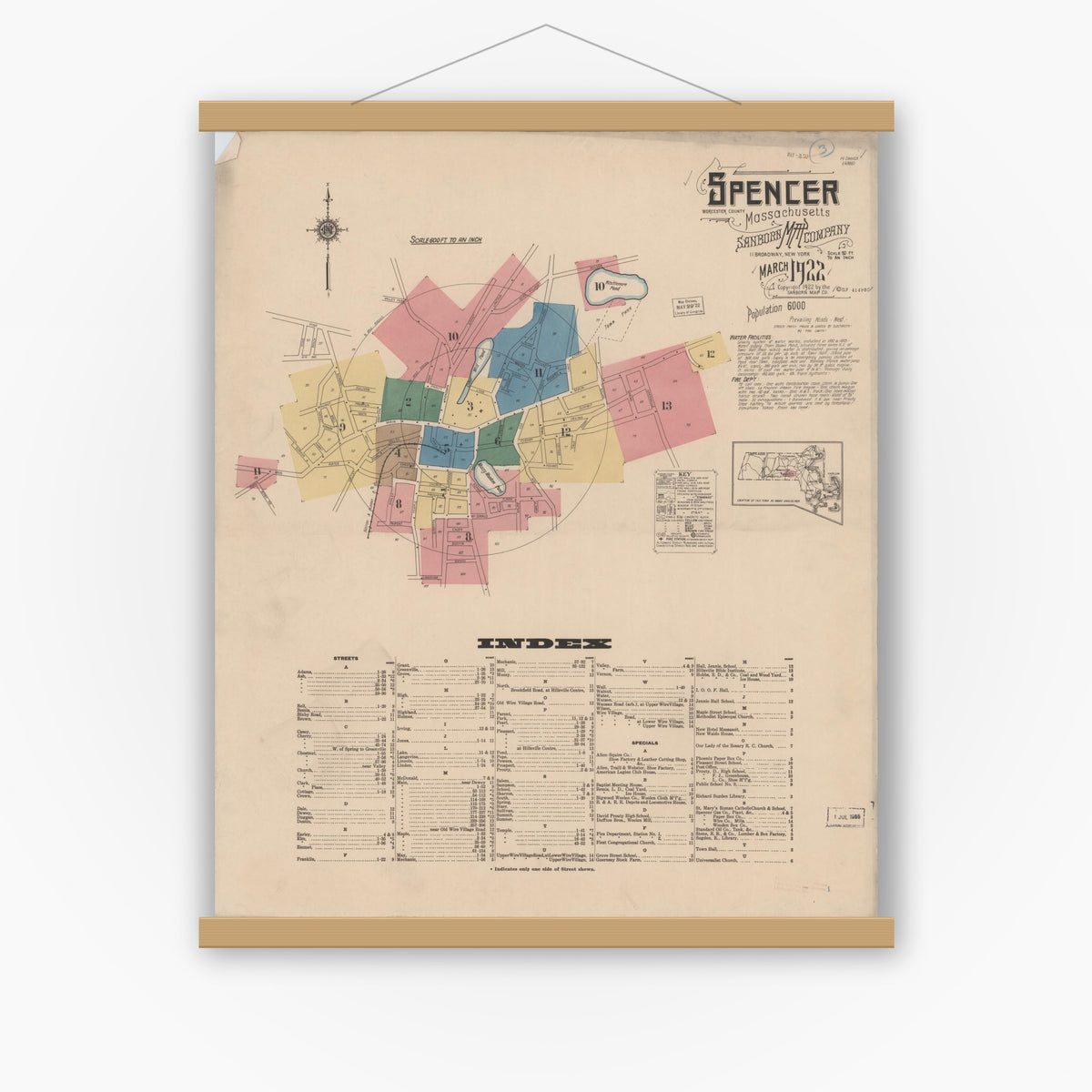 Old map wall art mockup — magnetic wood frame on white wall — Sanborn Fire Insurance Map from Spencer, Worcester County, Massachusetts (1922), Sheet #0001