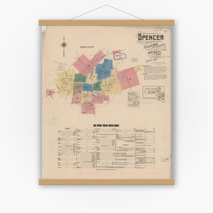Old map wall art mockup — magnetic wood frame on white wall — Sanborn Fire Insurance Map from Spencer, Worcester County, Massachusetts (1922), Sheet #0001