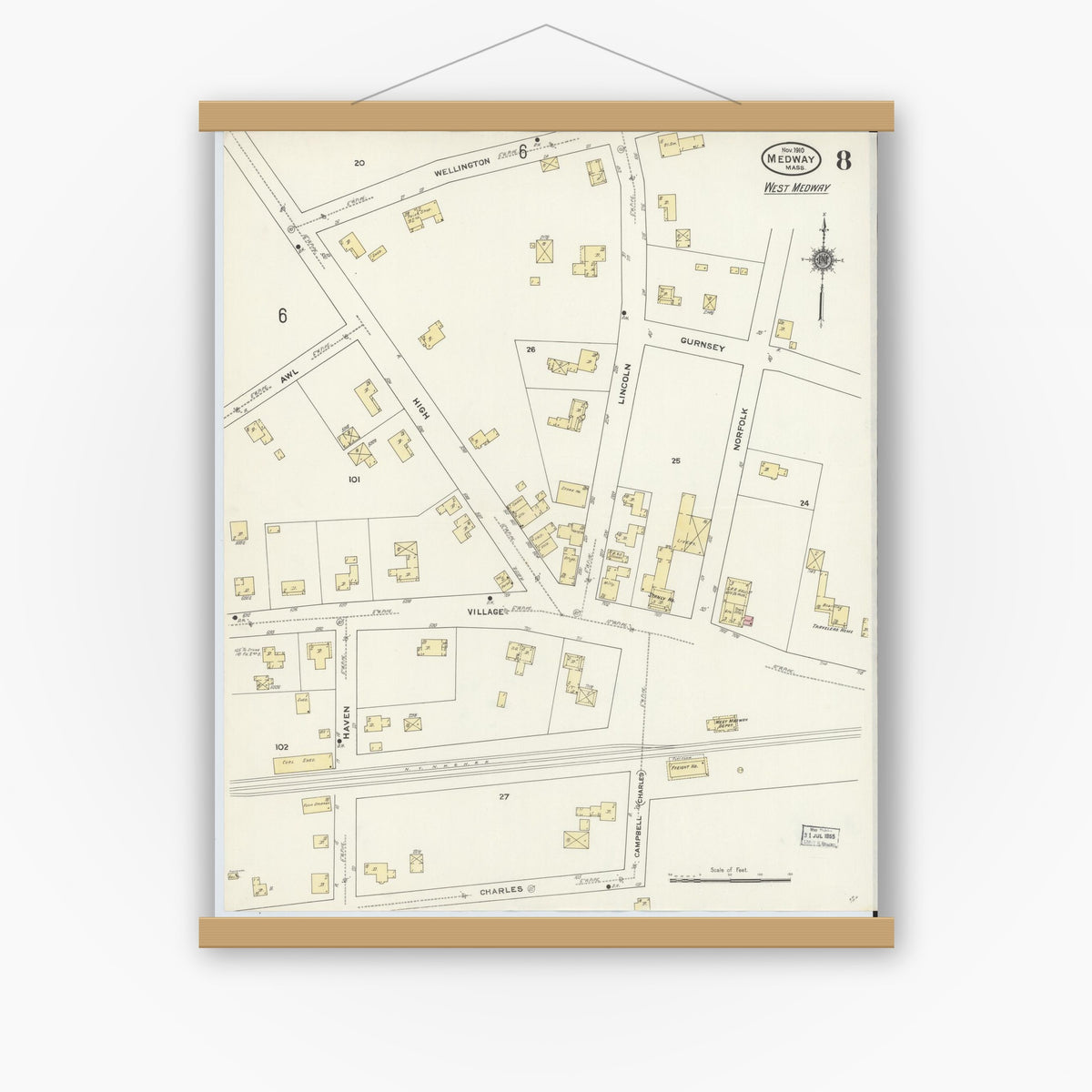 Old map wall art mockup — magnetic wood frame on white wall — Sanborn Fire Insurance Map from Medway, Norfolk County, Massachusetts (1910), Sheet #0008