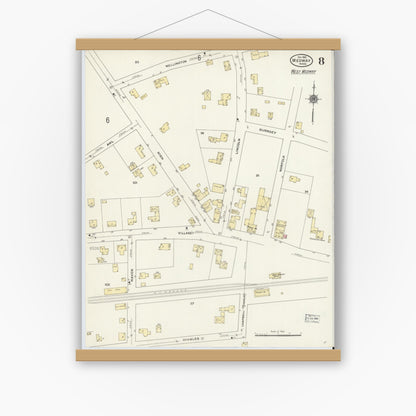 Old map wall art mockup — magnetic wood frame on white wall — Sanborn Fire Insurance Map from Medway, Norfolk County, Massachusetts (1910), Sheet #0008