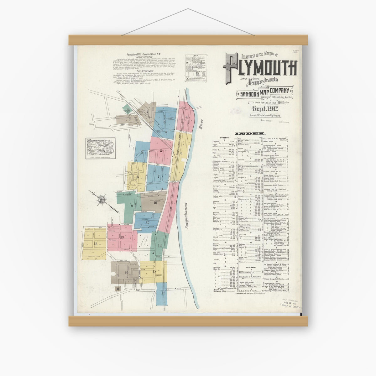 Old map wall art mockup — magnetic wood frame on white wall — Sanborn Fire Insurance Map from Plymouth, Luzerne County, Pennsylvania (1912), Sheet #0001