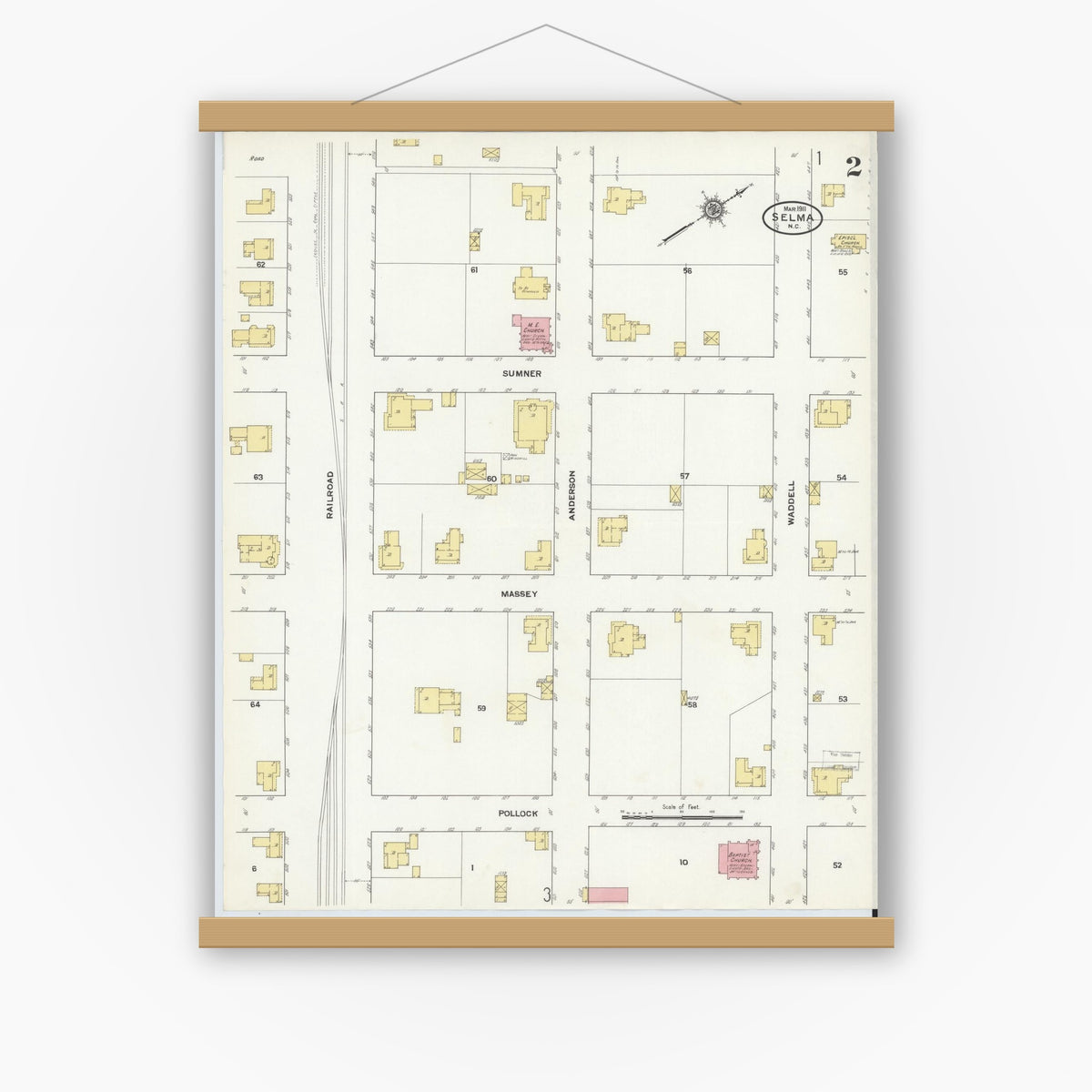 Old map wall art mockup — magnetic wood frame on white wall — Sanborn Fire Insurance Map from Selma, Johnston County, North Carolina (1911), Sheet #0002