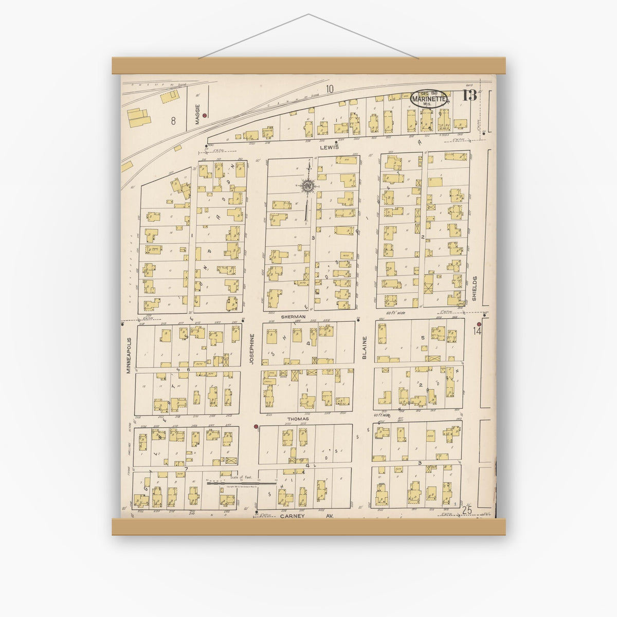 Old map wall art mockup — magnetic wood frame on white wall — Sanborn Fire Insurance Map from Marinette, Marinette County, Wisconsin (1921), Sheet #0013