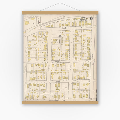Old map wall art mockup — magnetic wood frame on white wall — Sanborn Fire Insurance Map from Marinette, Marinette County, Wisconsin (1921), Sheet #0013