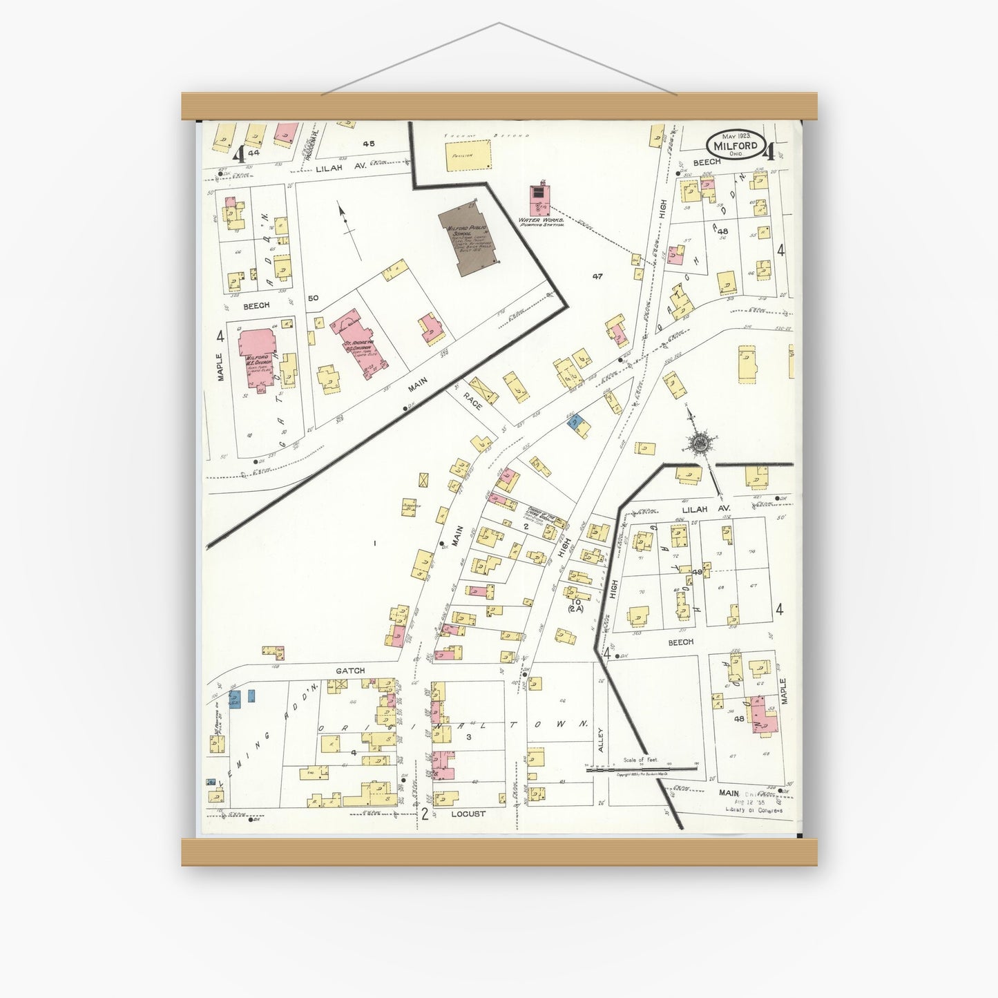 Old map wall art mockup — magnetic wood frame on white wall — Sanborn Fire Insurance Map from Milford, Clermont And Hamilton County, Ohio (1925), Sheet #0004